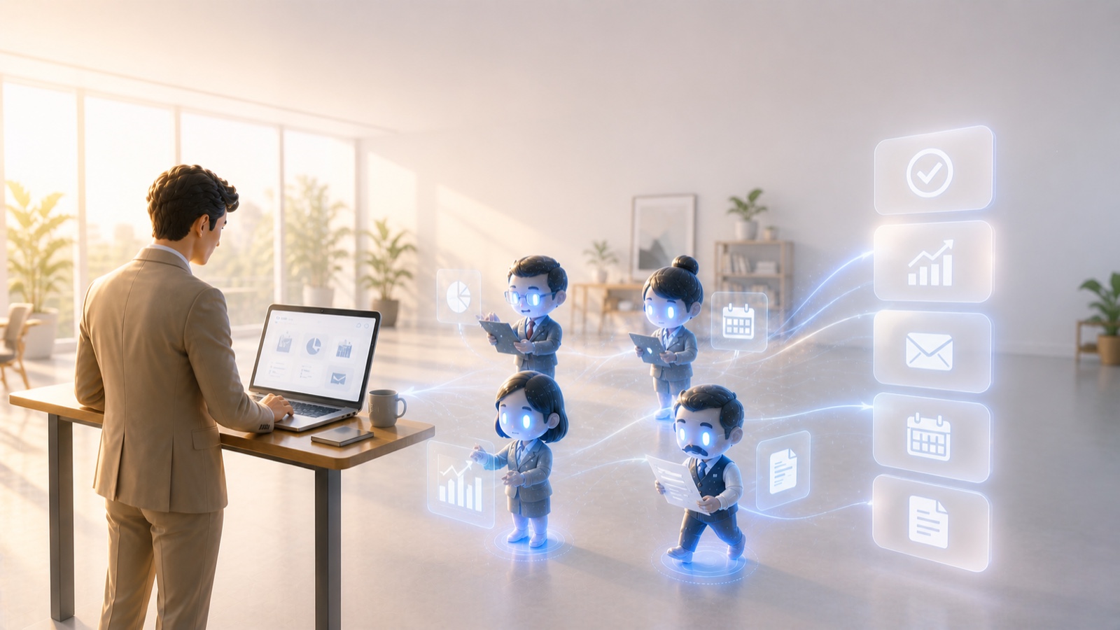 経営者・AI社員4名・ダッシュボード5枚通知・Quickry AI Kit体験イメージ
